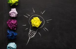 Creative inspirational background - light bulb as metaphor for idea. Electric bulb drawn on chalkboard with yellow crumpled paper for glow. Innovation and barainstorming concept, top view, copy space photo