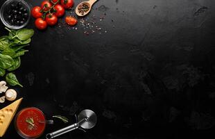 Pizza Cooking Ingredients On Black Background With Empty Space For Recipe photo