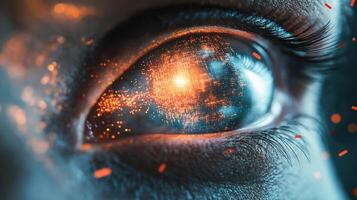 A close-up of an eye showcasing luminous data patterns that resemble a digital universe. photo