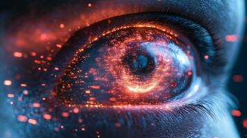 Bright digital effects swirl within a close-up of an eye, creating an immersive visual experience. photo