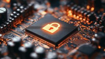 Close-up of microchip featuring a glowing lock symbol, highlighting cybersecurity technology. photo