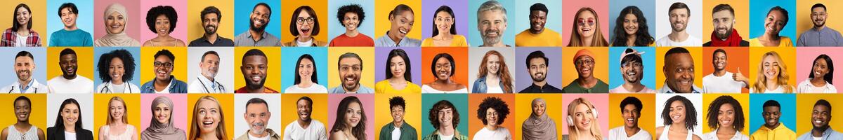 A collection of diverse and happy people smiling, showcasing multiracial backgrounds against bright, colorful backgrounds. photo