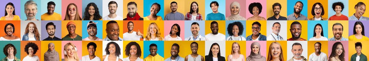 Faces of diverse individuals showcase a vibrant collage reflecting unity in culture and lifestyle. Each portrait captures unique expressions against colorful backgrounds, celebrating togetherness. photo
