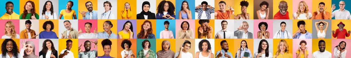 A vibrant collage features a diverse group of individuals expressing various emotions. Each person represents different backgrounds, celebrating unity and diversity in a colorful setting. photo
