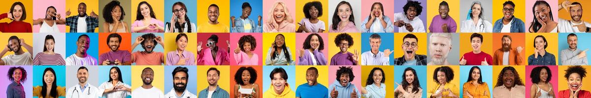 A lively collection of portraits showcases a diverse group of people, each displaying unique expressions that capture joy and togetherness against colorful backgrounds, celebrating cultural richness. photo