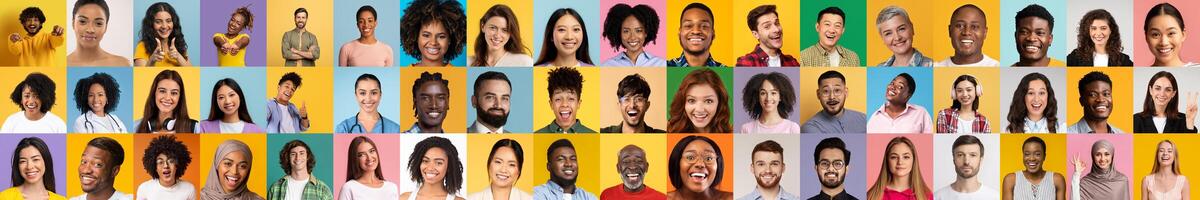 A vibrant collage features joyful individuals exhibiting diverse backgrounds and expressions. This collection celebrates multiethnic unity, highlighting a variety of lifestyles and cultures. photo