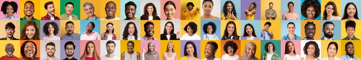 A lively collection of portraits features a diverse group of people expressing happiness. Each individual embodies a unique background and style, highlighting diverse unity in modern lifestyles. photo