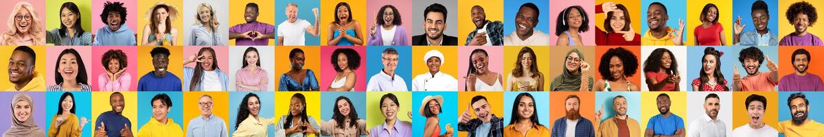 A lively collection of portraits featuring diverse individuals, showcasing a range of expressions and styles against bright, colorful backgrounds. photo