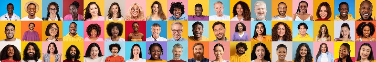 A lively collection of diverse faces captured in portraits, highlighting a range of joyful expressions. This colorful collage celebrates diversity and unity in a bright, isolated background. photo