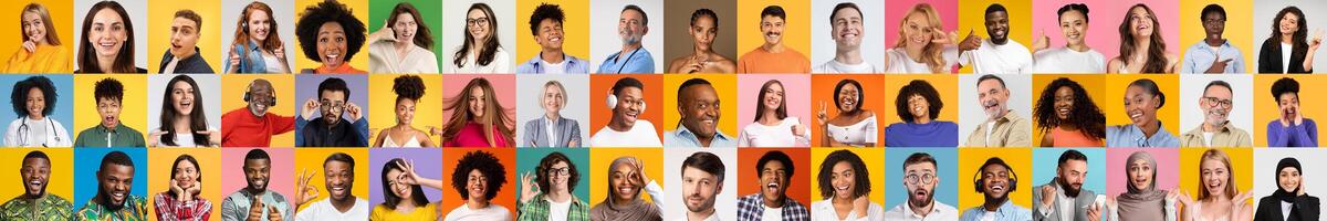 A lively portrait collection showcases diverse individuals smiling and expressing happiness against colorful backgrounds. The collage highlights the beauty of diversity and unity in diversity. photo