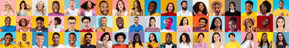 This collection showcases a vibrant collage of diverse faces, featuring people of various backgrounds smiling and expressing happiness. Each portrait highlights inclusivity. photo