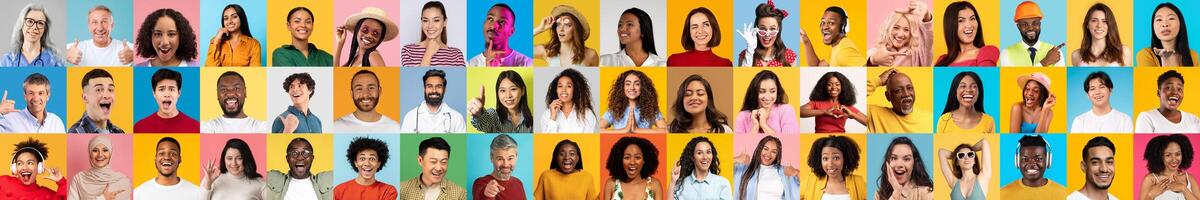 A lively collection of faces representing various backgrounds, all expressing happiness. The colorful backdrop enhances the spirit of diversity and unity among individuals. photo