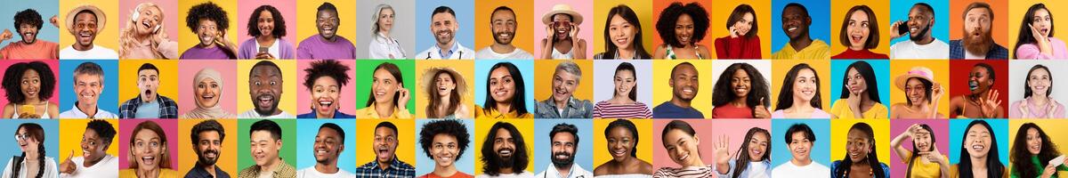 A vibrant collage captures diverse individuals from different backgrounds, each smiling brightly against colorful backgrounds. This collection showcases the beauty of diversity and unity. photo