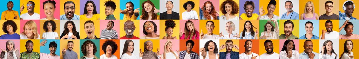 A lively collection of multiracial individuals with various hairstyles and expressions against bright backgrounds. Each portrait captures the essence of joy and diverse lifestyles in a modern setting. photo