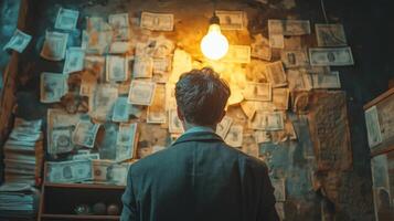 A person stands in a dimly lit room, scrutinizing evidence of potential corruption in governance. photo