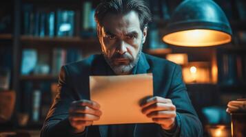 A man studies a document while assessing issues related to fraud and ethics at night. photo