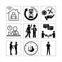Business And Work Icons Depicting Remote Work,Teamwork,Time Management And Technical Skills vector