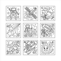 Space Exploration Coloring Page Collection With Astronauts Planets Rockets And Cosmic Elements vector