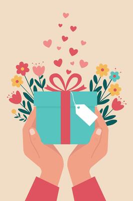 Hands Holding Gift Box with Hearts and Flowers