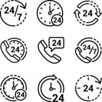 Minimalist 24-7 Service Icon Set with Clocks, Phones, and Arrows in a Clean Grid Layout vector