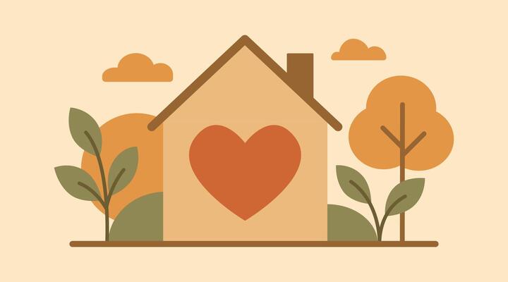 A cozy house with a heart symbol, surrounded by trees and plants in warm earth tones. The scene represents family and home, International Family Day
