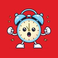 alarm clock character flat illustration with energetic and cheerful wake up expression. vector
