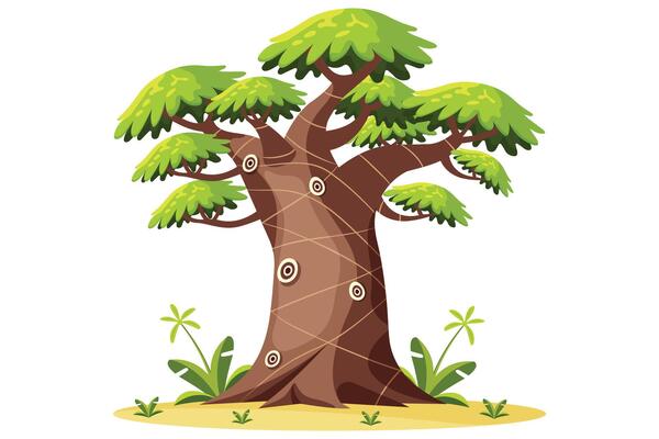 tropical tree flat illustration isolated on white background with green leaves and tall trunk.