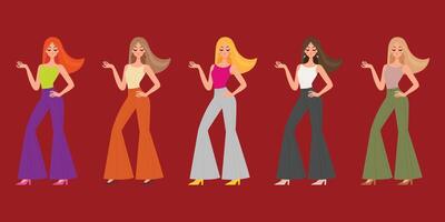 stylish girl in flared pants and trendy top with multiple color palettes flat illustration. vector