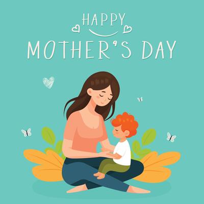 happy mothers day flat illustration with mom and child hugging.