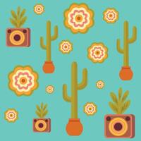 hippie style seamless pattern flat with vibrant colors featuring cacti and flowers. vector