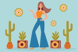 flat illustration of a stylish girl in flared pants and trendy top with vibrant hippie inspired colors. vector