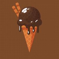 chocolate ice cream in waffle cone flat illustration vector