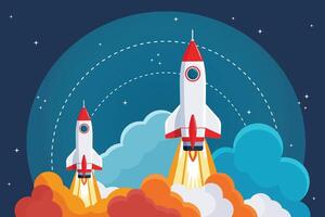 space shuttle launch flat illustration with smoke clouds beneath the spacecraft. vector