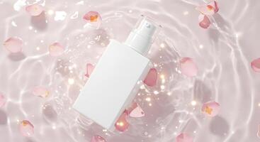 Cosmetic Bottle Floating on Water with Rose Petals in a Minimal Setting photo