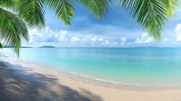 Tropical shoreline with gently rippled sand and vibrant palm fronds overlooking a tranquil turquoise ocean and distant green island, ample open space for text photo