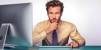A man in a shirt and tie sitting at a desk with a computer photo