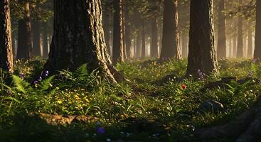 Hyper-Realistic Image of Quiet Forest in Morning Sun photo