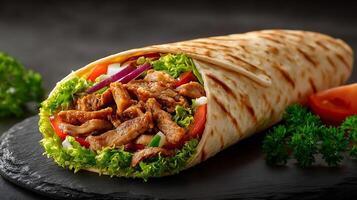 Close-Up of Meat-Filled Shawarma with Vibrant Veggies photo