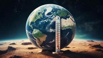 Earth Globe with Thermometer Showing High Temperature Representing Global Warming photo