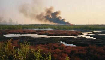 Peatland Fire Burning with Smoke and Water Puddles in Wetland photo
