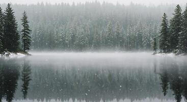 Snow Falling on Forest Lake Reflecting Trees in Tranquil Winter Scene photo