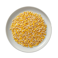 Corn seeds arranged neatly in a round plate on a transparent background, showcasing their vibrant colors and textures, corn seeds in a plate on transparent background png
