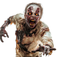 A terrifying zombie with glowing eyes reaching out against a stark transparent background, Scary zombie on transparent background png
