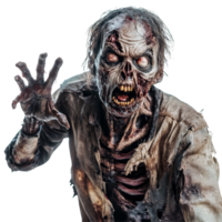A terrifying zombie reaching out in a haunting gesture against a stark transparent background, Scary Zombie isolated on transparent background png