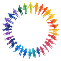 A vibrant representation of unity and diversity with colorful figures holding hands in a circle against a transparent background, Colorful Diversity Circle of People on transparent background png
