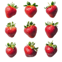 Freshly arranged strawberries on a transparent background showcasing vibrant red colors and green leaves, Multiple strawberries transparent background png