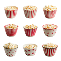 A delightful assortment of popcorn bowls with various patterns on a clean transparent background, Various Popcorn Bowls on transparent background png