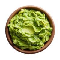 Top view of fresh guacamole in a rustic bowl on a clean transparent background, perfect for healthy snacks or meals, guacamole top view isolated on transparent background png