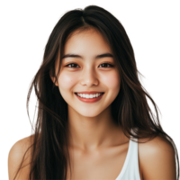 Joyful Asian girl smiles brightly at the camera in a simple indoor setting during daylight hours, Happy beautiful Asian girl looking at camera and smiling isolated on transparent background png