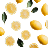 Fresh lemons and lemon slices scattered with green leaves on a clean transparent background, Lemons on transparent background png